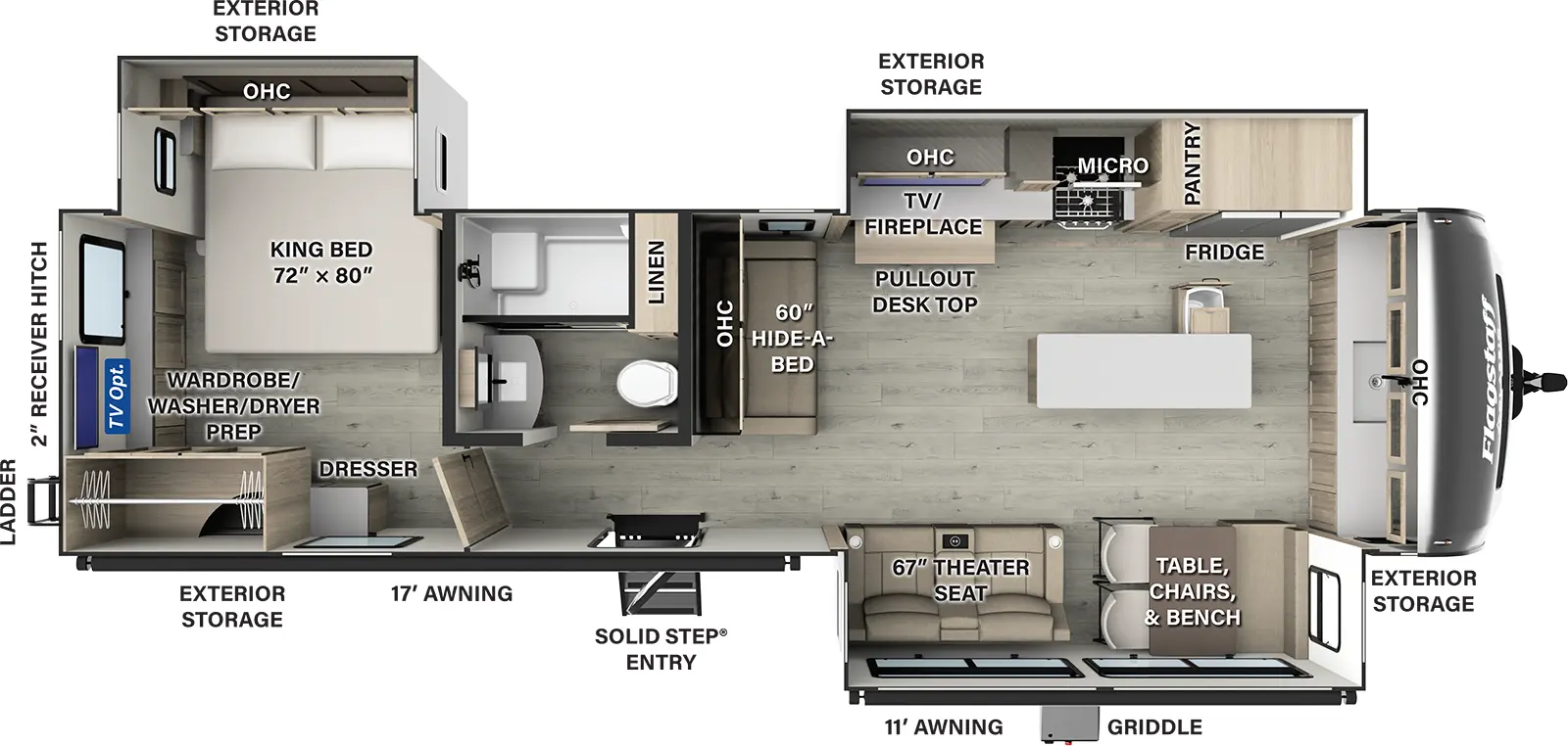 The Flagstaff Classic Travel Trailers 832FK floorplan has one entry and three slide outs. Exterior features include: fiberglass exterior and 17' & 11' awning. Interiors features include: front kitchen, kitchen island and rear bedroom.